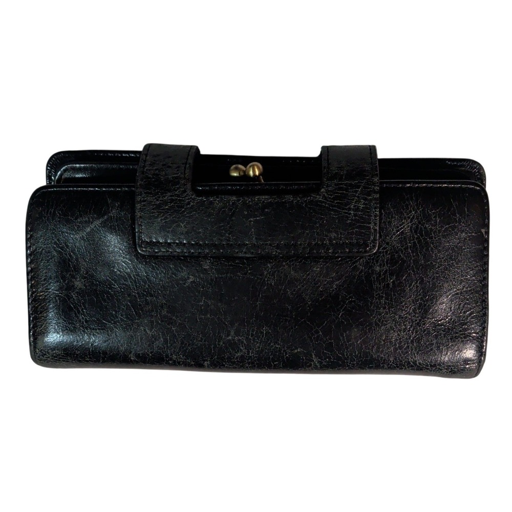 HOBO International Wallet Black Leather ID Slot Compact Kiss Closure Coin Pouch